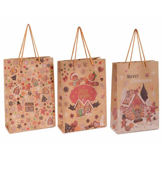 Sacchetto regalo grande in carta naturale con stampa natalizia biscottini cm. 24x8x33H 30pz.